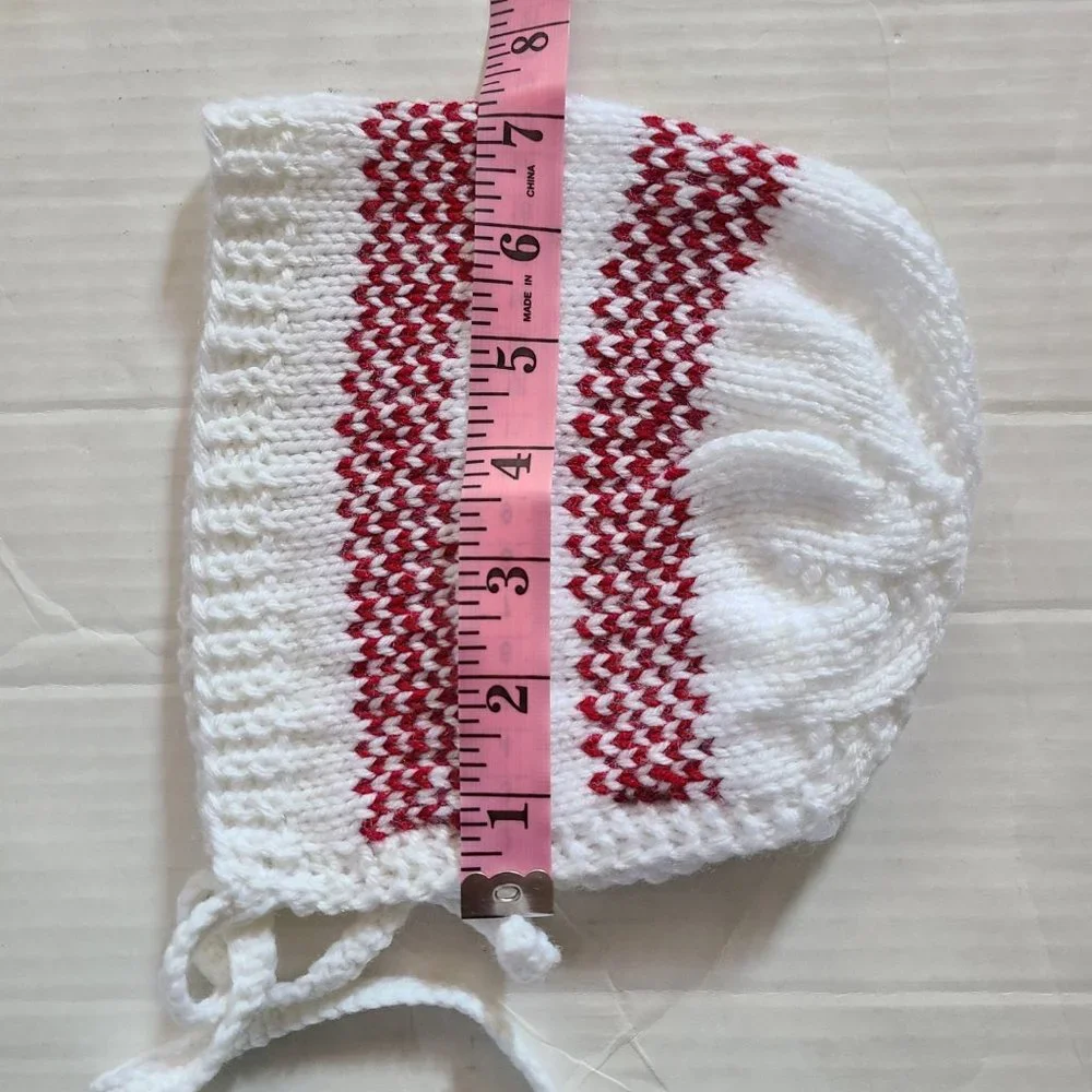 Baby Girl Knit Hat Bonnet White Red Front Tie Handmade Size 5-9 Months
